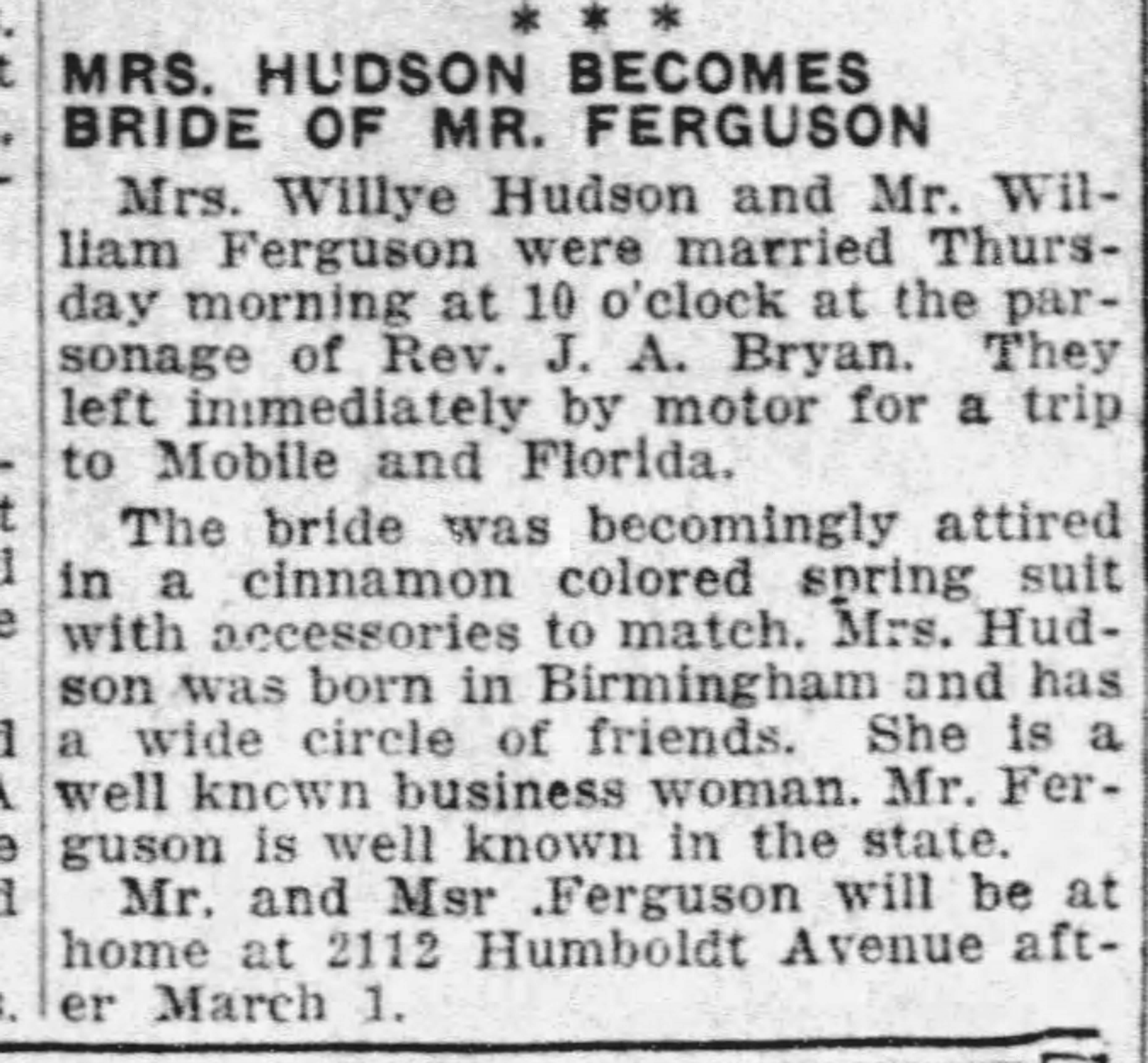 Mrs. Hudson Becomes Bride of Mr. Ferguson